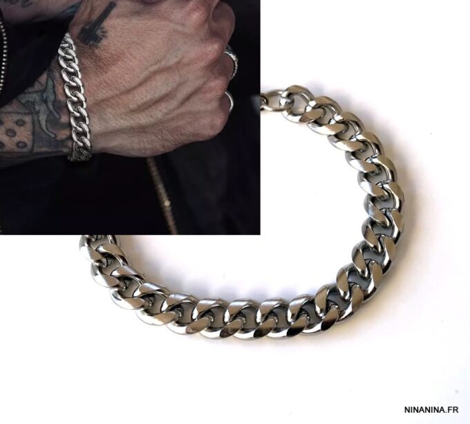 N7208b Bracelet acier maille gourmette homme inoxydable argent - Bijoux Bracelets en ligne Ninanina