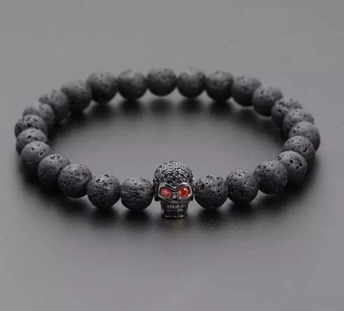 N7209b Bracelet pierre de lave tete de mort zirconium noir homme - Bijoux Bracelets en ligne