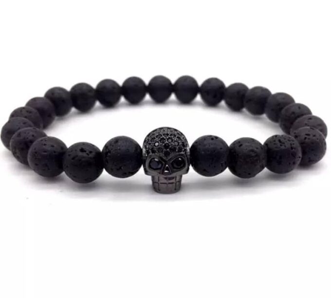 N7209c Bracelet pierre de lave tete de mort zirconium noir homme - Bijoux Bracelets en ligne