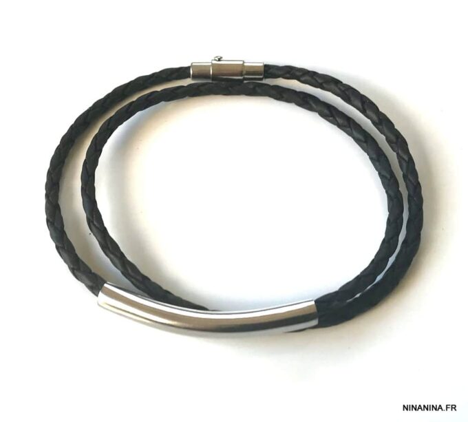 N7210a Bracelet homme en cuir tressé noir double tour fermoir Acier - Bijoux Bracelets en ligne Ninanina