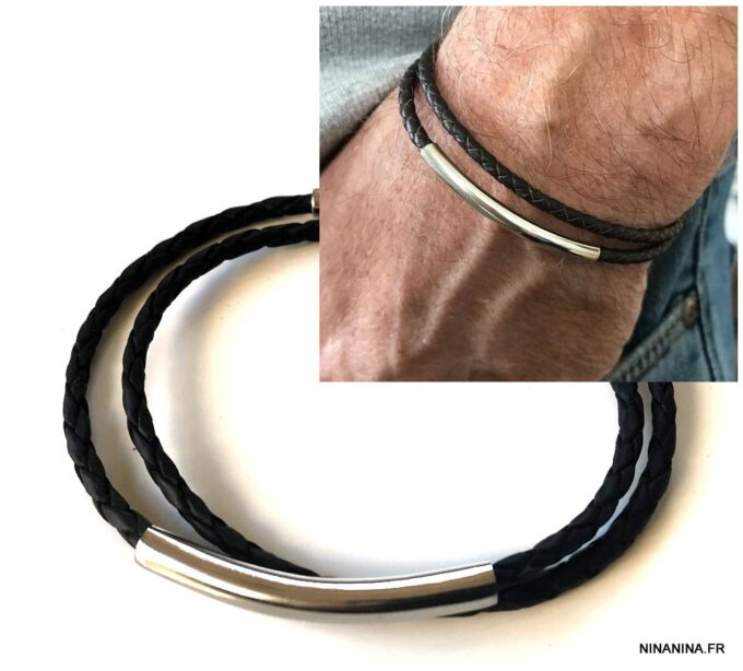 N7210c Bracelet homme en cuir tressé noir double tour fermoir Acier - Bijoux Bracelets en ligne Ninanina