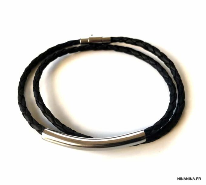 N7210e Bracelet homme en cuir tressé noir double tour fermoir Acier - Bijoux Bracelets en ligne Ninanina