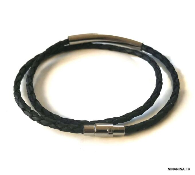 N7210g Bracelet homme en cuir tressé noir double tour fermoir Acier - Bijoux Bracelets en ligne Ninanina