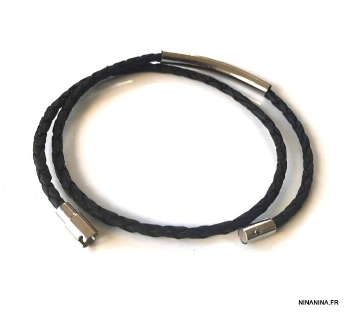 N7210h Bracelet homme en cuir tressé noir double tour fermoir Acier - Bijoux Bracelets en ligne Ninanina