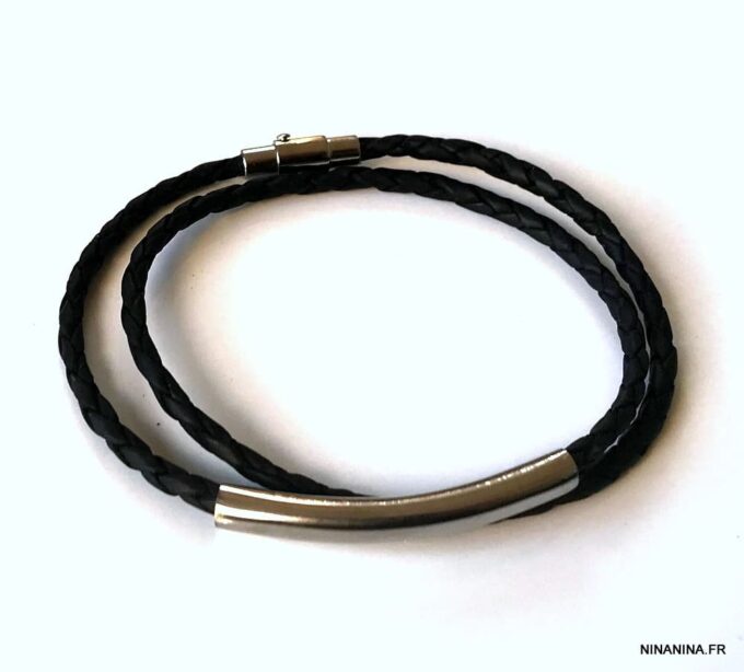 N7210i Bracelet homme en cuir tressé noir double tour fermoir Acier - Bijoux Bracelets en ligne Ninanina