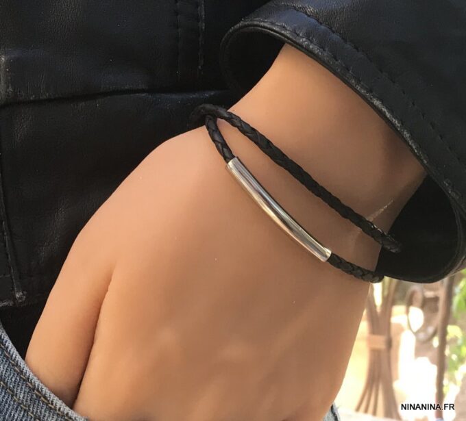 N7210j Bracelet homme en cuir tressé noir double tour fermoir Acier - Bijoux Bracelets en ligne Ninanina