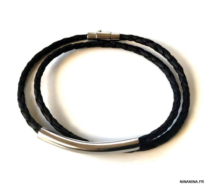 N7210k Bracelet homme en cuir tressé noir double tour fermoir Acier - Bijoux Bracelets en ligne Ninanina