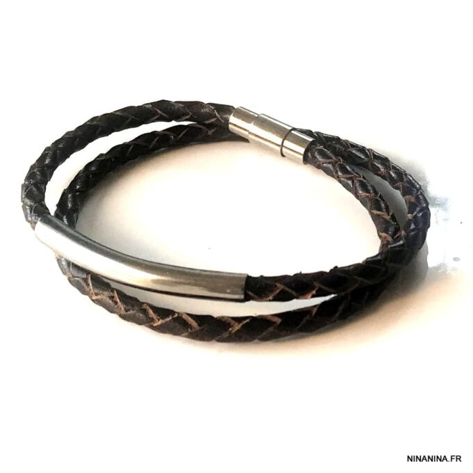 N7210L Bracelet homme en cuir tressé noir double tour fermoir Acier - Bijoux Bracelets en ligne Ninanina
