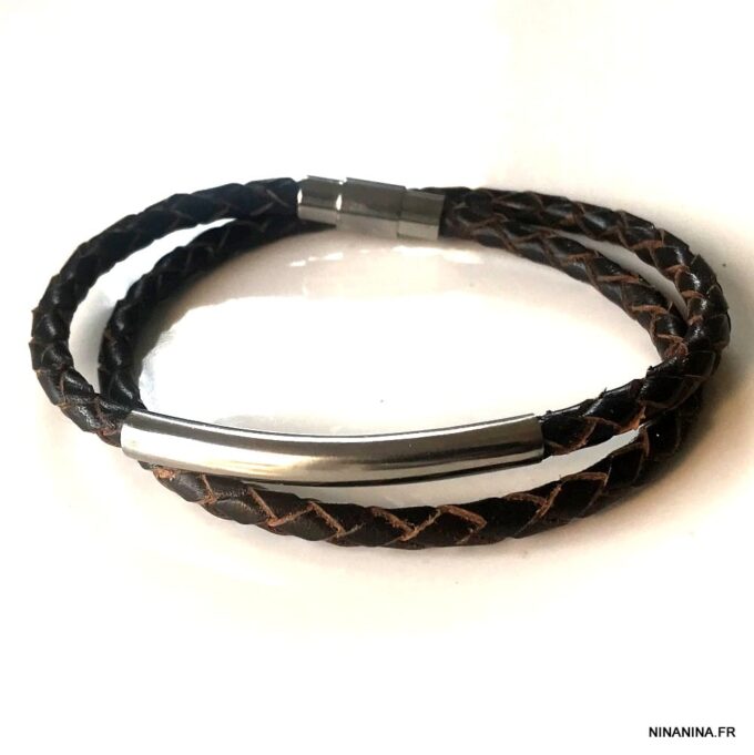 N7210M Bracelet homme en cuir tressé noir double tour fermoir Acier - Bijoux Bracelets en ligne Ninanina