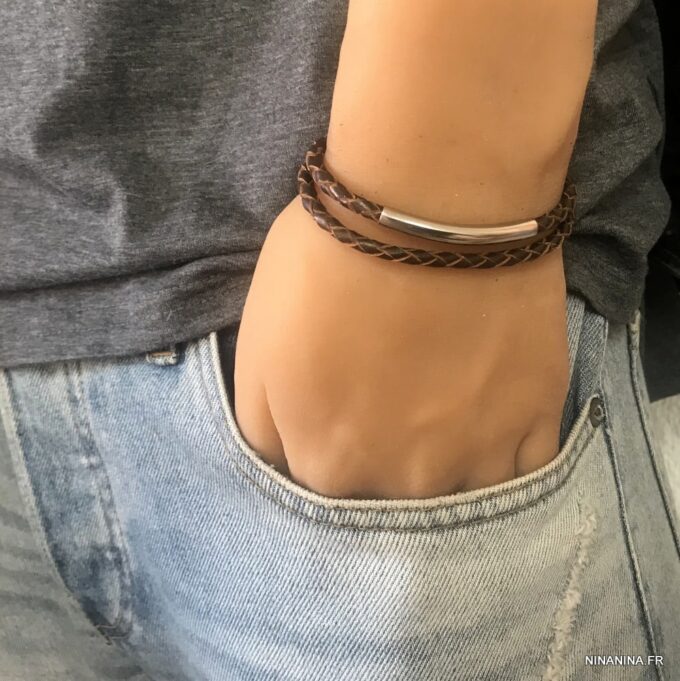 N7210N Bracelet homme en cuir tressé noir double tour fermoir Acier - Bijoux Bracelets en ligne Ninanina