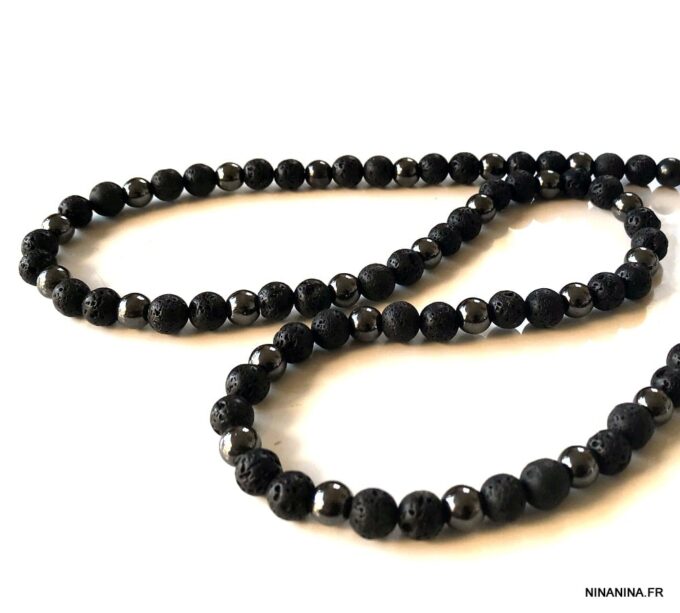 N7211a Collier en pierre de lave volcanique et hematite homme - Bijoux Colliers en ligne Ninanina
