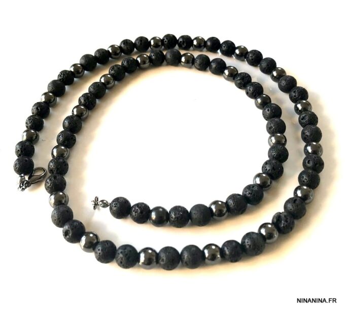 N7211b Collier en pierre de lave volcanique et hematite homme - Bijoux Colliers en ligne Ninanina