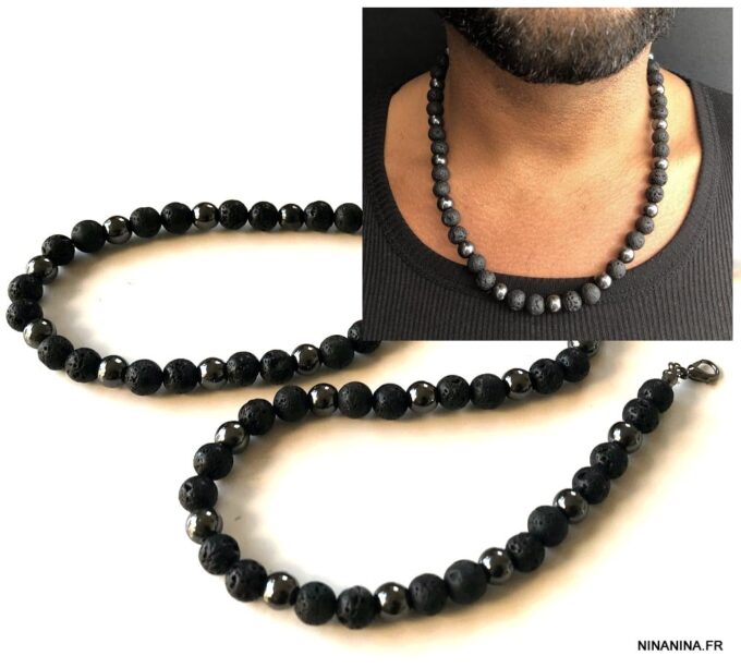 N7211c Collier en pierre de lave volcanique et hematite homme - Bijoux Colliers en ligne Ninanina