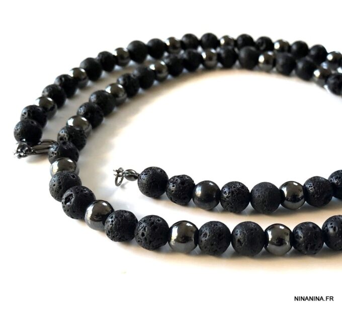 N7211d Collier en pierre de lave volcanique et hematite homme - Bijoux Colliers en ligne Ninanina