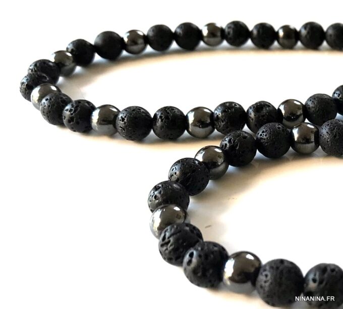 N7211e Collier en pierre de lave volcanique et hematite homme - Bijoux Colliers en ligne Ninanina