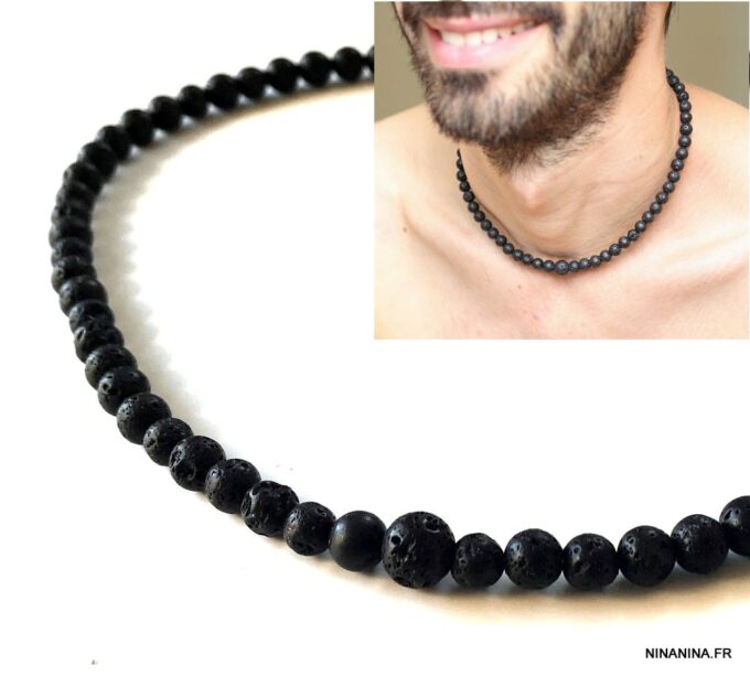 N7212b Collier pierre de lave volcanique homme ou femme - Bijoux Colliers en ligne Ninanina