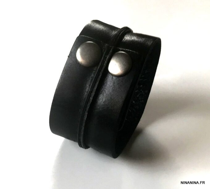 N7217a Bracelet Manchette cuir femme ou homme noir - Bijoux Bracelets en ligne Ninanina