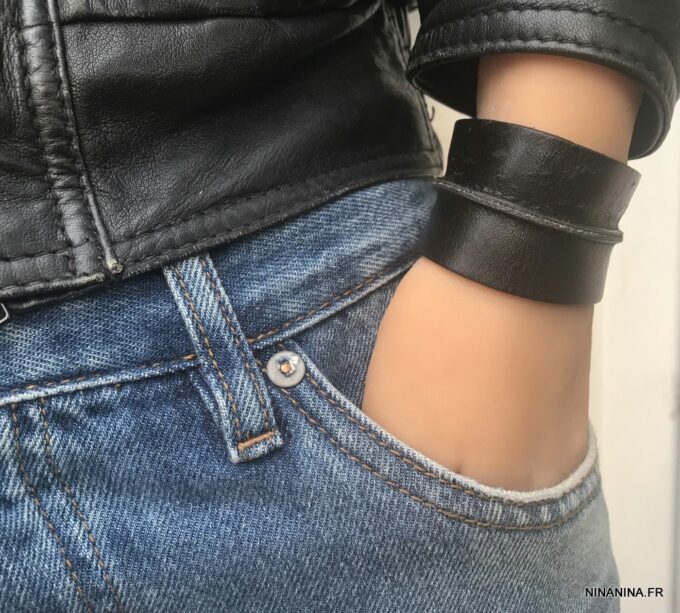 N7217b Bracelet Manchette cuir femme ou homme noir - Bijoux Bracelets en ligne Ninanina