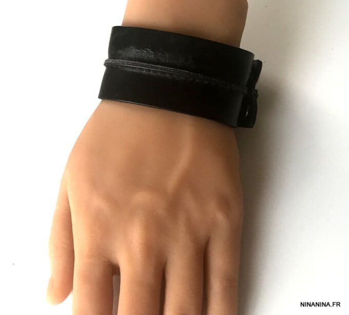 N7217c Bracelet Manchette cuir femme ou homme noir - Bijoux Bracelets en ligne Ninanina