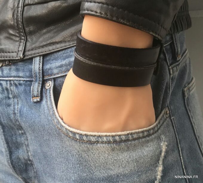 N7217e Bracelet Manchette cuir femme ou homme noir - Bijoux Bracelets en ligne Ninanina