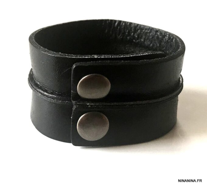 N7217f Bracelet Manchette cuir femme ou homme noir - Bijoux Bracelets en ligne Ninanina