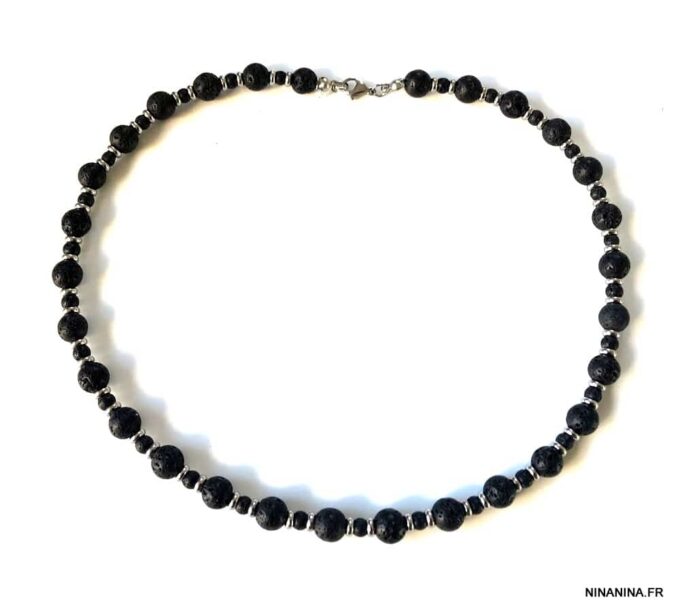 N7221a Collier pierre de lave homme ras de cou acier inoxydable - Bijoux Colliers en ligne Ninanina