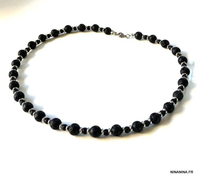N7221b Collier pierre de lave homme ras de cou acier inoxydable - Bijoux Colliers en ligne Ninanina