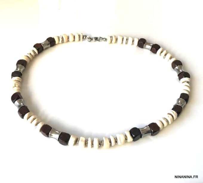 N7223 Collier perles Bois et Acier Inoxydable ras de cou homme - Bijoux Colliers en ligne Ninanina