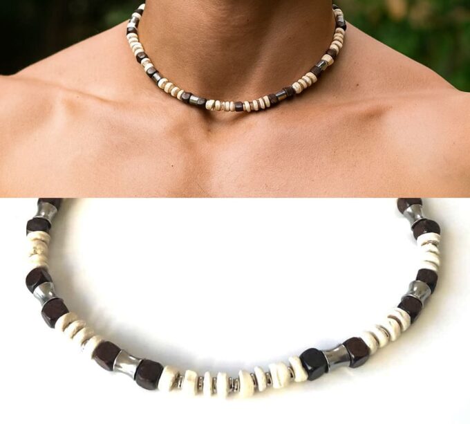 N7223 Collier perles Bois et Acier Inoxydable ras de cou pour homme - Bijoux Colliers en ligne Ninanina