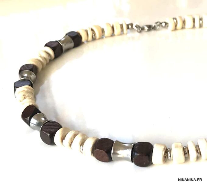 N7223a Collier perles Bois et Acier Inoxydable ras de cou homme - Bijoux Colliers en ligne Ninanina