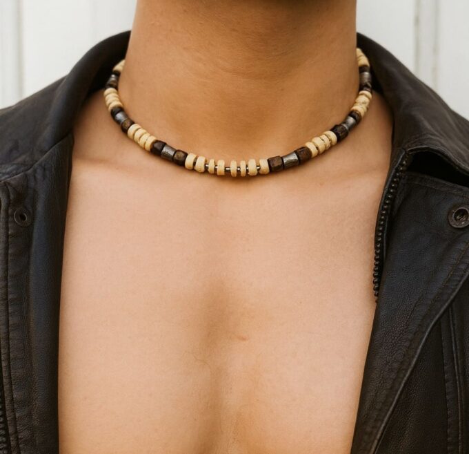 N7223a Collier perles Bois et Acier Inoxydable ras de cou pour homme - Bijoux Colliers en ligne Ninanina