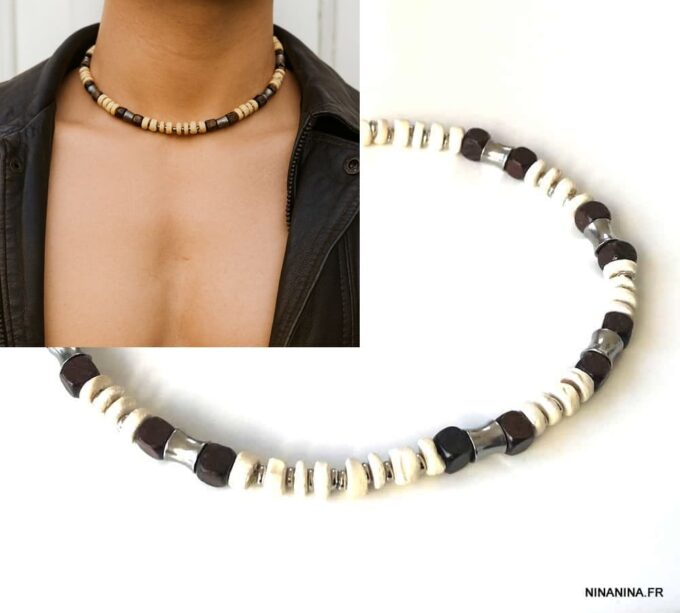 N7223b Collier perles Bois et Acier Inoxydable ras de cou pour homme - Bijoux Colliers en ligne Ninanina
