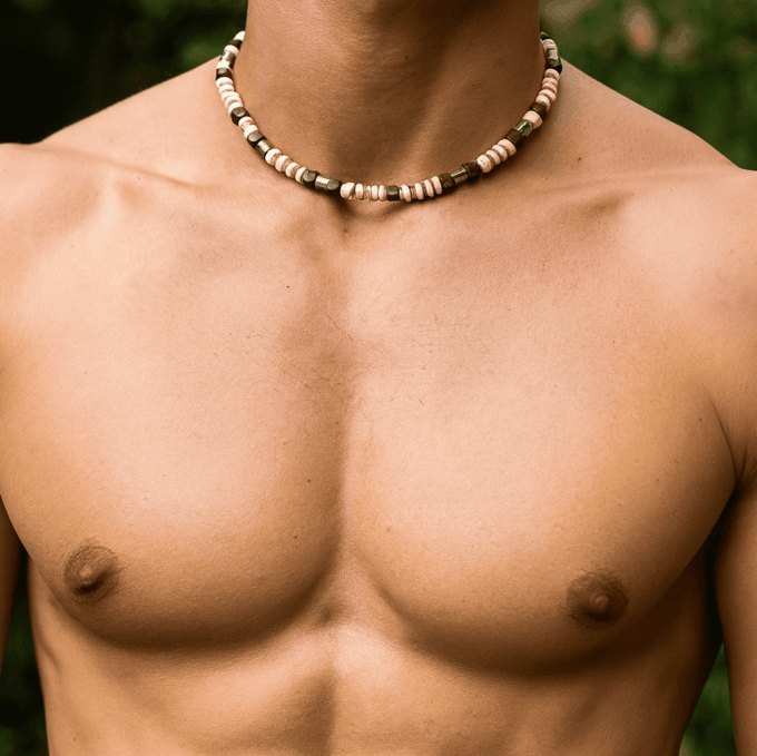 N7223c Collier perles Bois et Acier Inoxydable ras de cou pour homme - Bijoux Colliers en ligne Ninanina