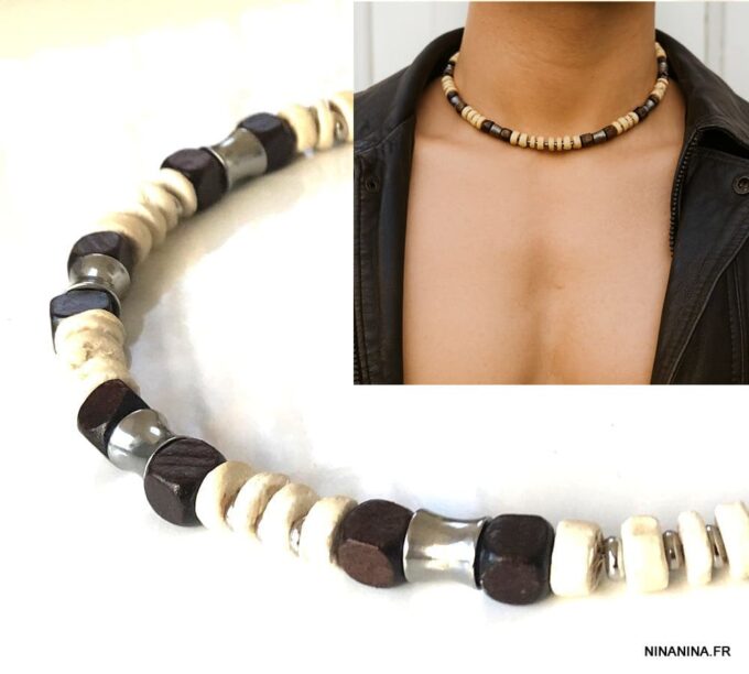 N7223E Collier perles Bois et Acier Inoxydable ras de cou pour homme - Bijoux Colliers en ligne Ninanina