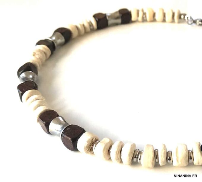 N7223f Collier perles Bois et Acier Inoxydable ras de cou homme - Bijoux Colliers en ligne Ninanina