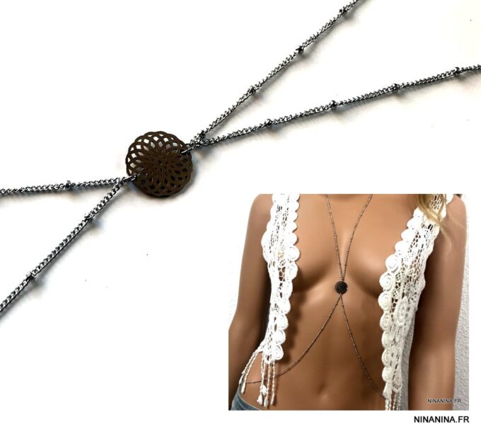 N7230c Collier cou taille - Chaine de corps acier inoxydable argent - Bijoux Chaines en ligne Ninanina