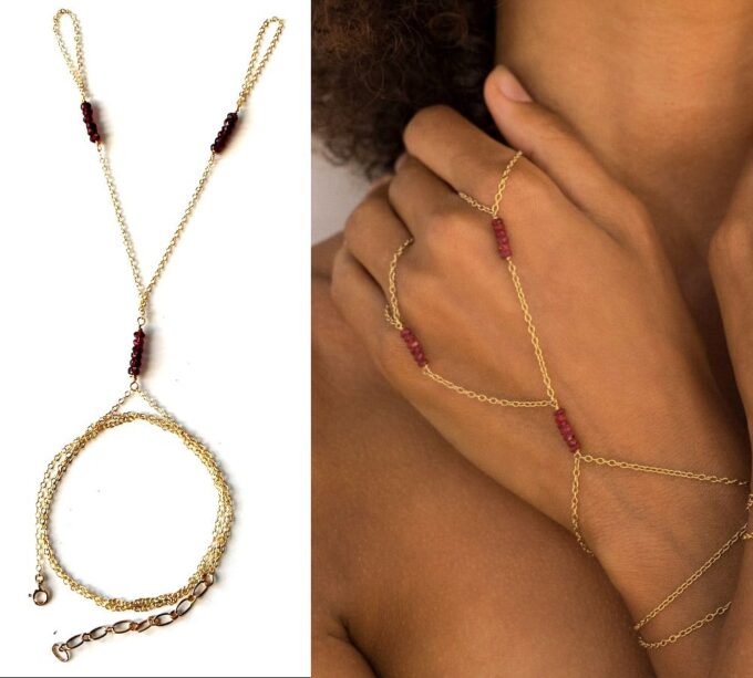 N7254a Bracelet bague main Chaine plaqué or pierre grenat rouge - Bijoux Bracelets en ligne Ninanina