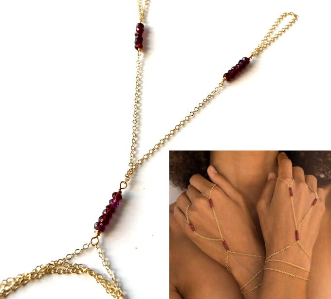 N7254c Bracelet bague main Chaine plaqué or pierre grenat rouge - Bijoux Bracelets en ligne Ninanina
