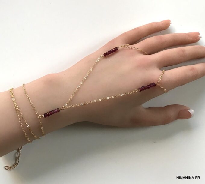 N7254d Bracelet bague main Chaine plaqué or pierre grenat rouge - Bijoux Bracelets en ligne Ninanina