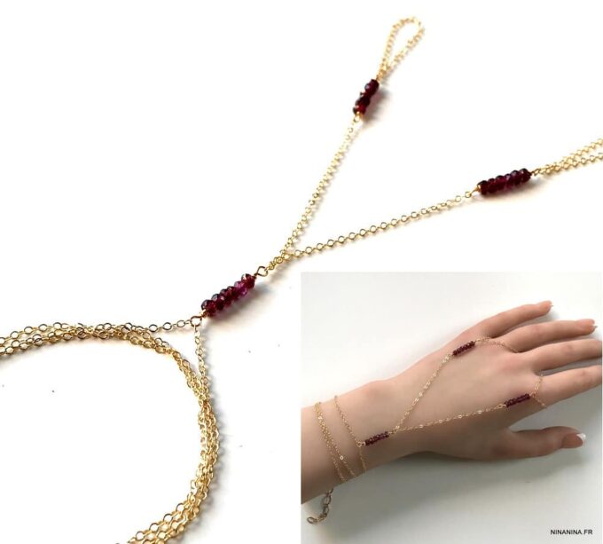 N7254f Bracelet bague main Chaine plaqué or pierre grenat rouge - Bijoux Bracelets en ligne Ninanina