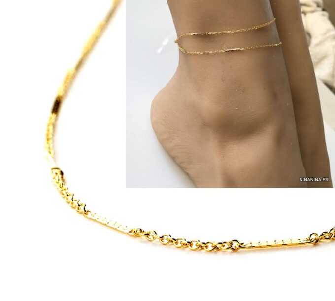 N7256g Chevillère plaqué or sur argent 925 double tour femme - Bijoux de pied en ligne Ninanina