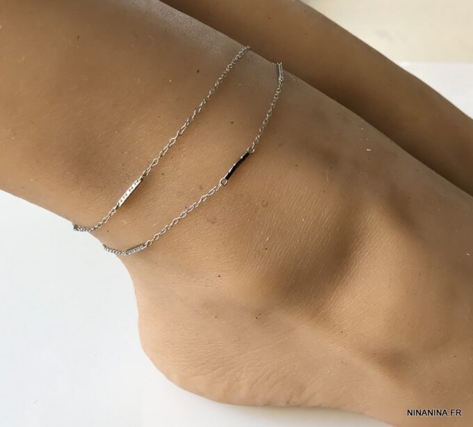 N7257 Chaine de cheville argent rhodié double tour femme - Bijoux de pied en ligne Ninanina