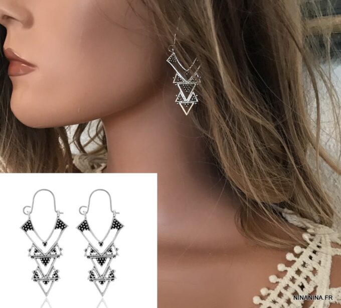 N7265c Grosses Boucles D'oreilles ethniques longues triangle - Bijoux Boucle d'oreille en ligne Ninanina