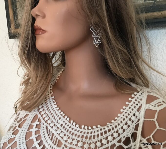 N7265e Grosses Boucles D'oreilles ethniques longues triangle - Bijoux Boucle d'oreille en ligne Ninanina
