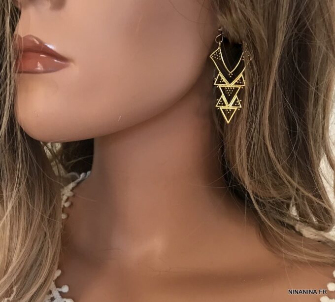 N7265g Grosses Boucles D'oreilles ethniques longues triangle - Bijoux Boucle d'oreille en ligne Ninanina