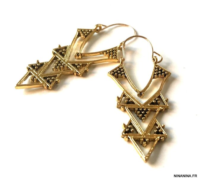 N7265h Grosses Boucles D'oreilles ethniques longues triangle - Bijoux Boucle d'oreille en ligne Ninanina