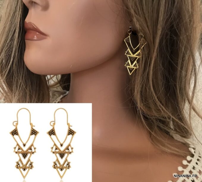 N7265i Grosses Boucles D'oreilles ethniques longues triangle - Bijoux Boucle d'oreille en ligne Ninanina