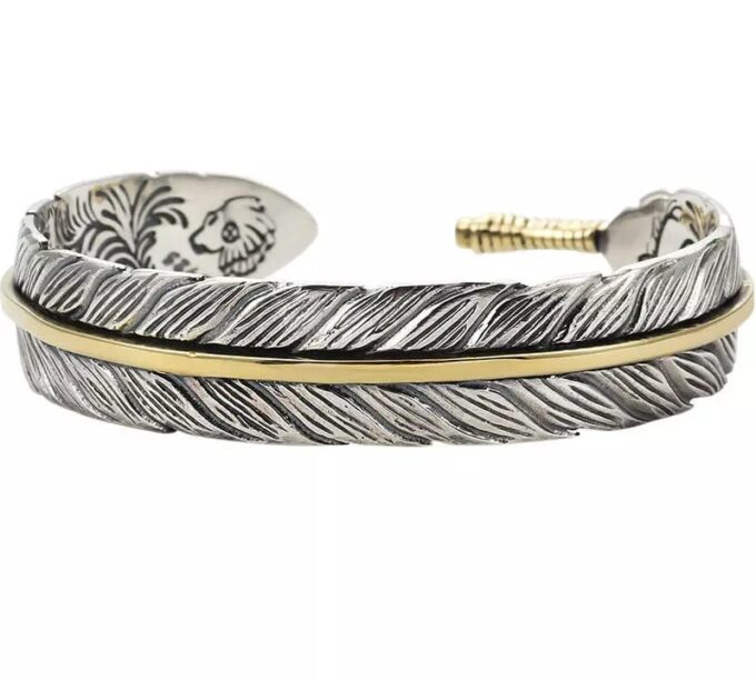 N7275 Manchette plume réglable - Bracelet homme argenté - Bijoux Bracelets en ligne Ninanina