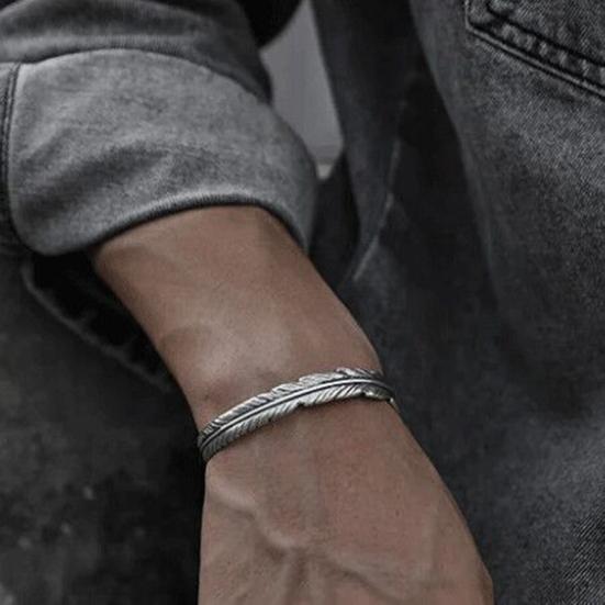 N7275c Manchette plume réglable – Bracelet homme argenté - Bijoux Bracelets hommes en ligne Ninanina