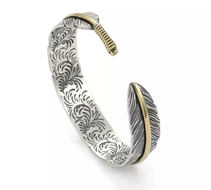 N7275d Manchette plume réglable - Bracelet homme argenté - Bijoux Bracelets en ligne Ninanina